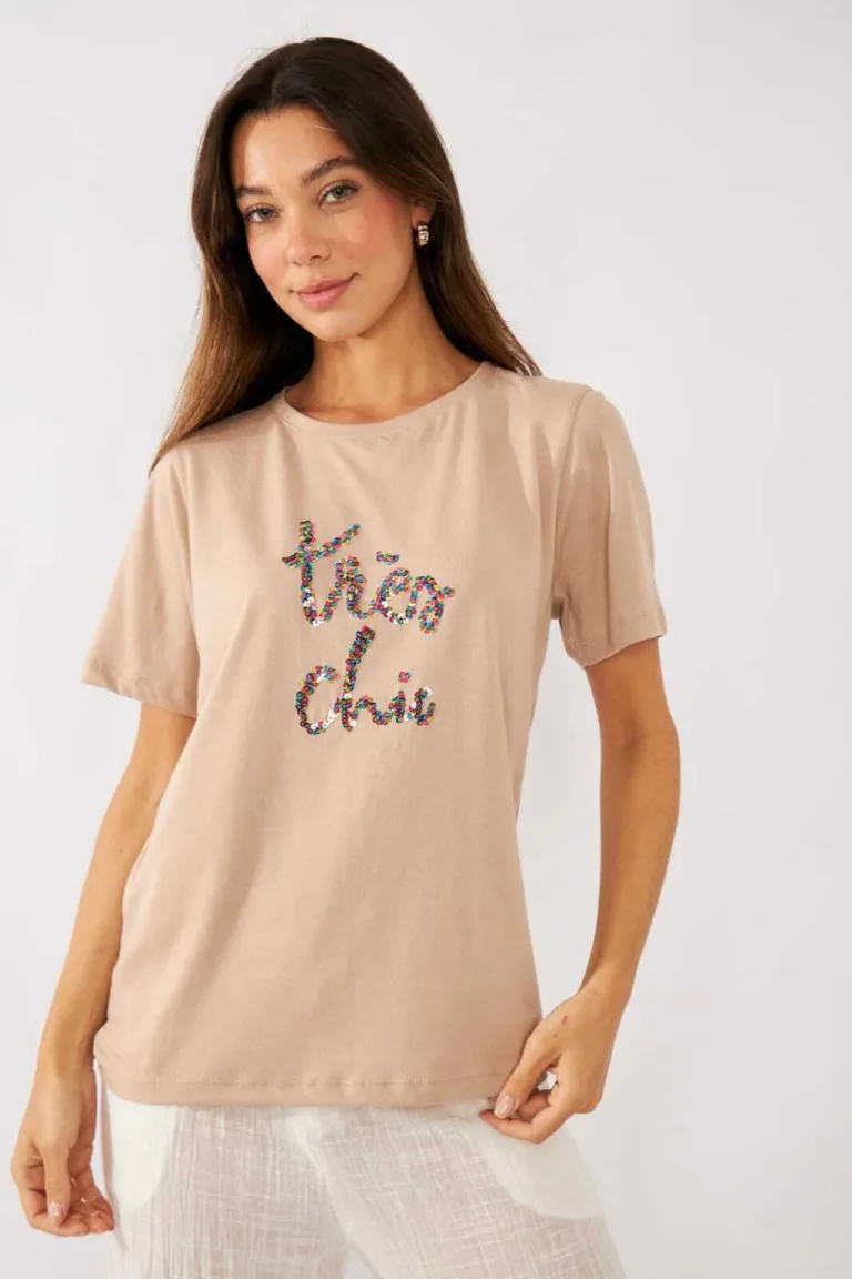 Remera de algodón con lentejuelas en tono beige de Belle en Remeras para argentina