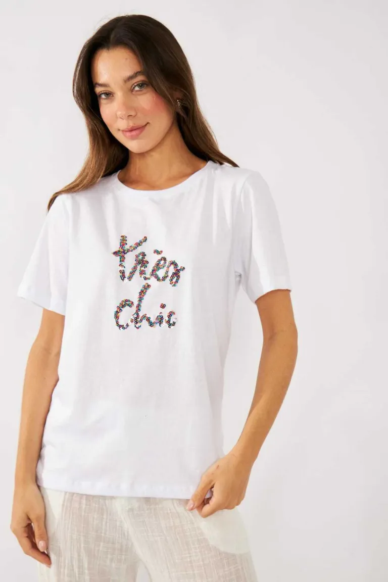 Remera de algodón con lentejuelas en tono beige de Belle en Remeras para argentina