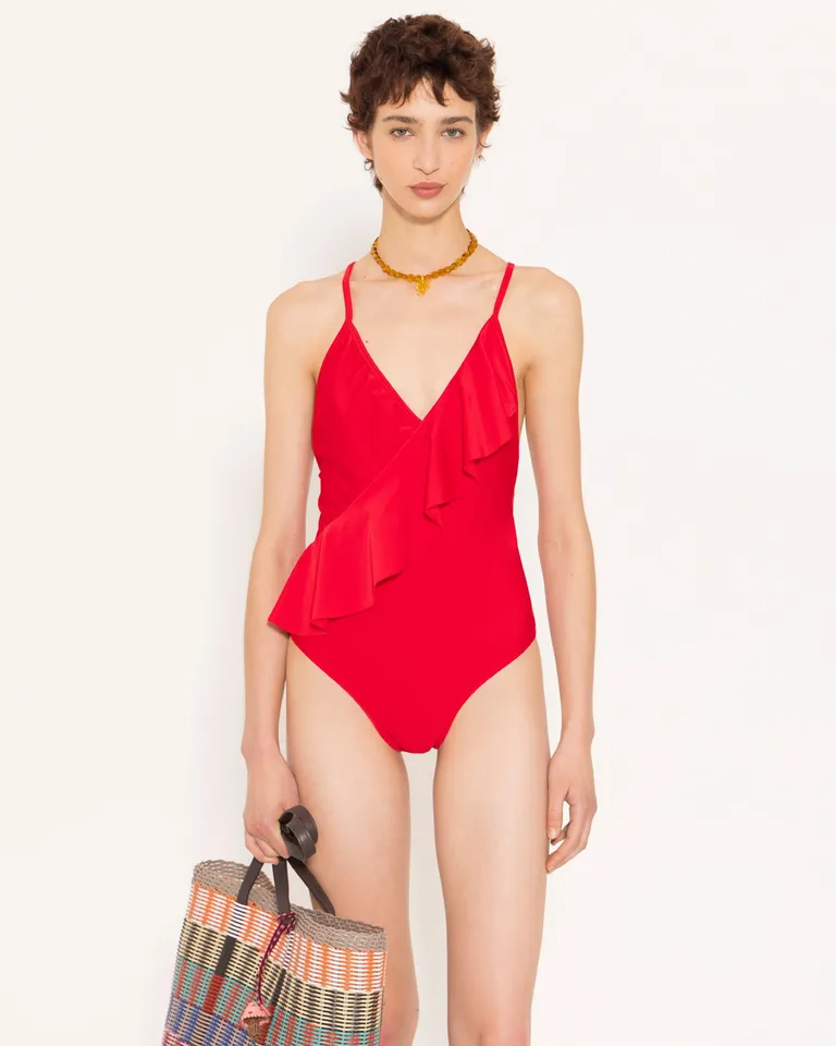 Entero rojo con escote profundo y volado asimétrico para mujer de Jazmin Chebar en Swimwear y Beachwear para argentina