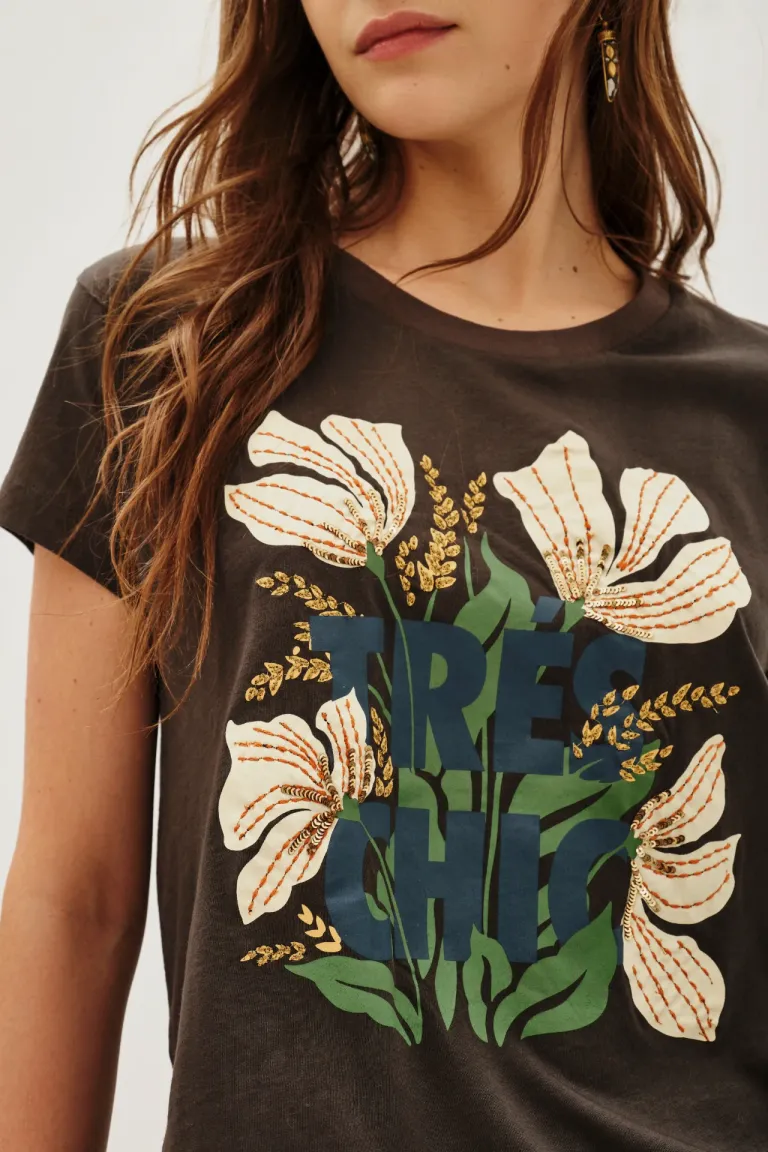Remera de mujer con estampa floral y bordados en el frente de Rapsodia en Remeras para argentina