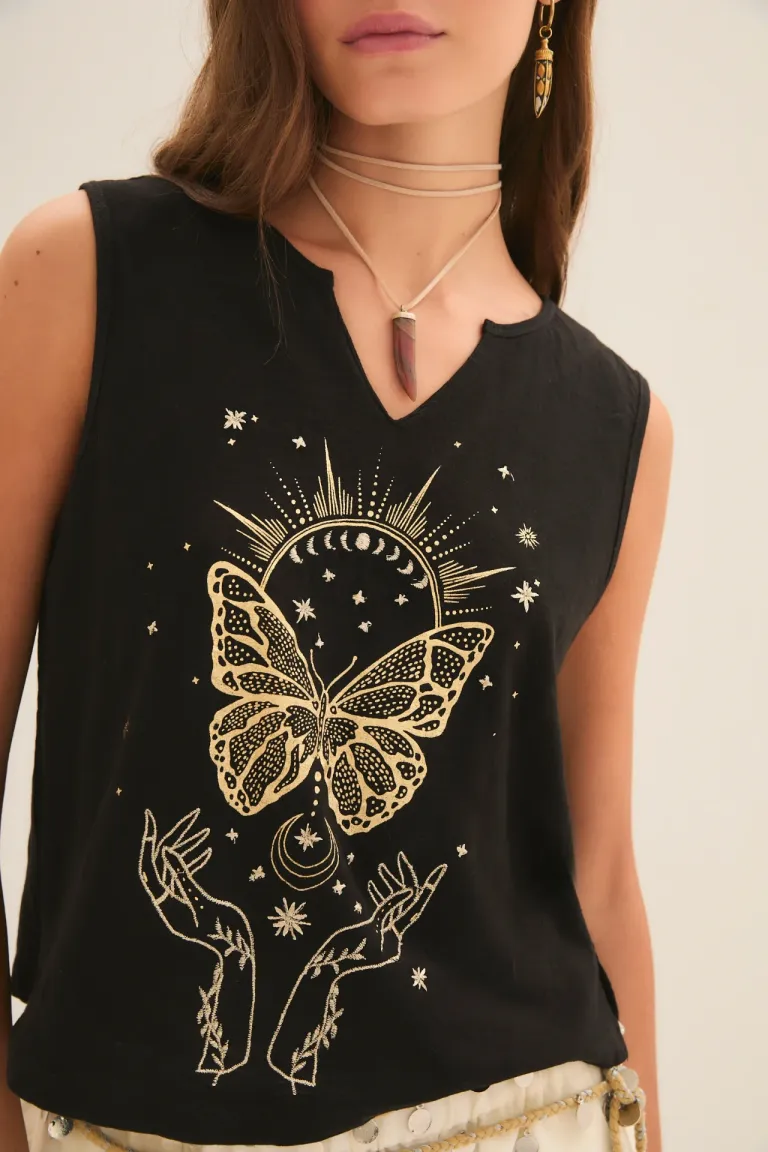 Musculosa negra con estampado y bordado de galaxia de Rapsodia en Tops para argentina