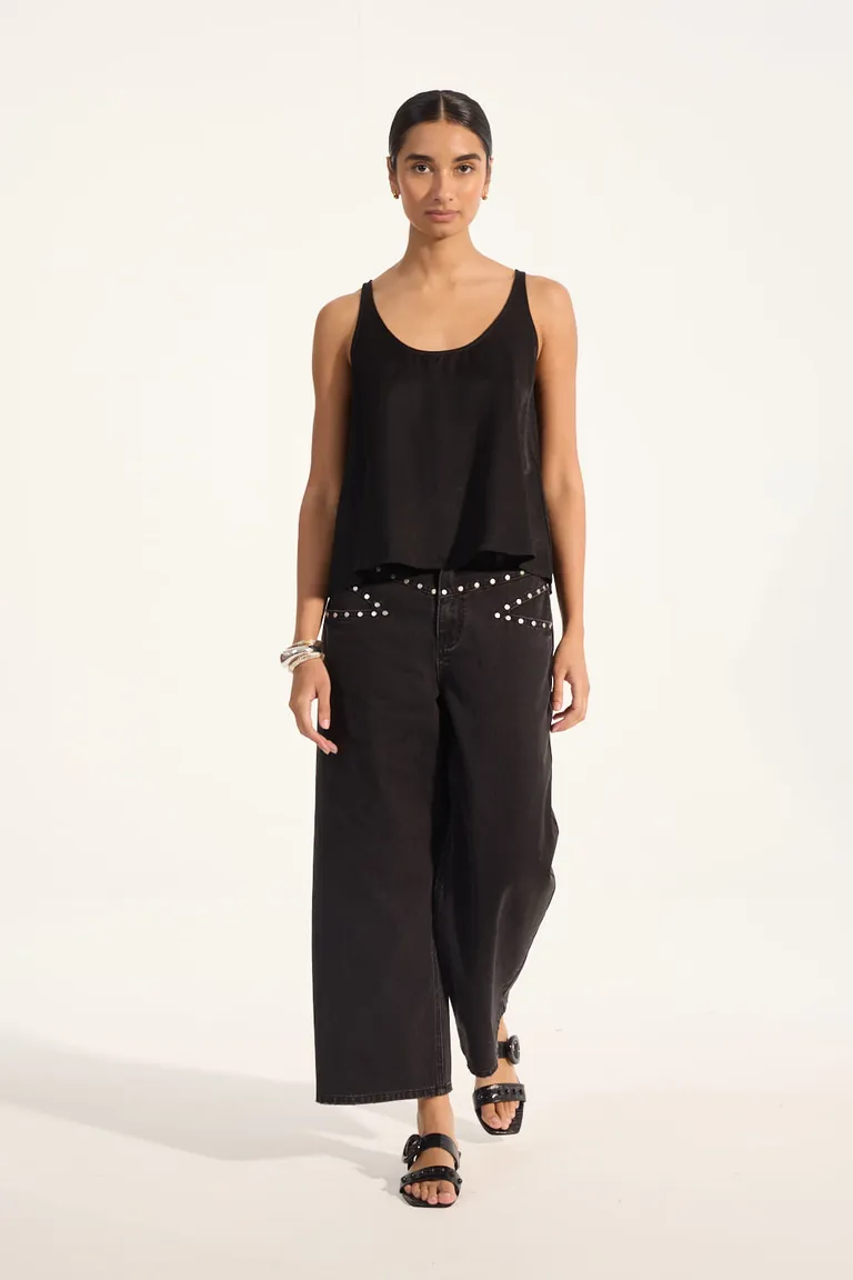 Top holgado de satén negro con escote redondo para mujer de Portsaid en Tops para argentina