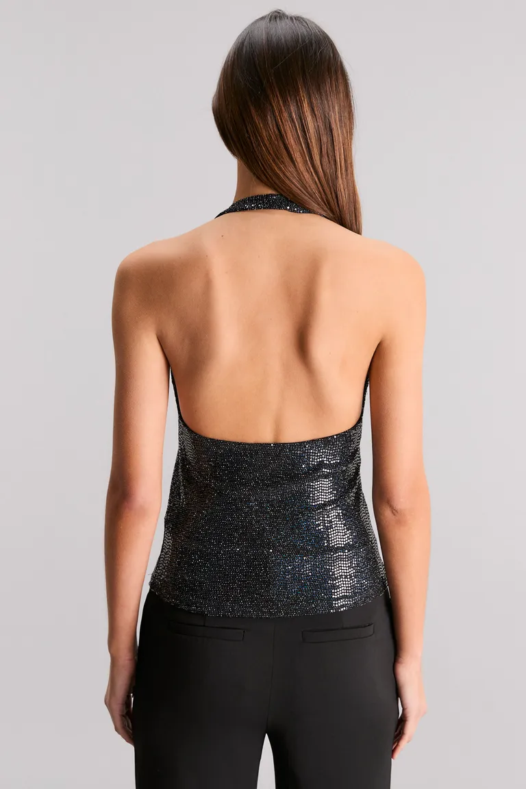 Top halter negro de punto brillante con escote fruncido y espalda descubierta de Kosiuko en Tops para argentina