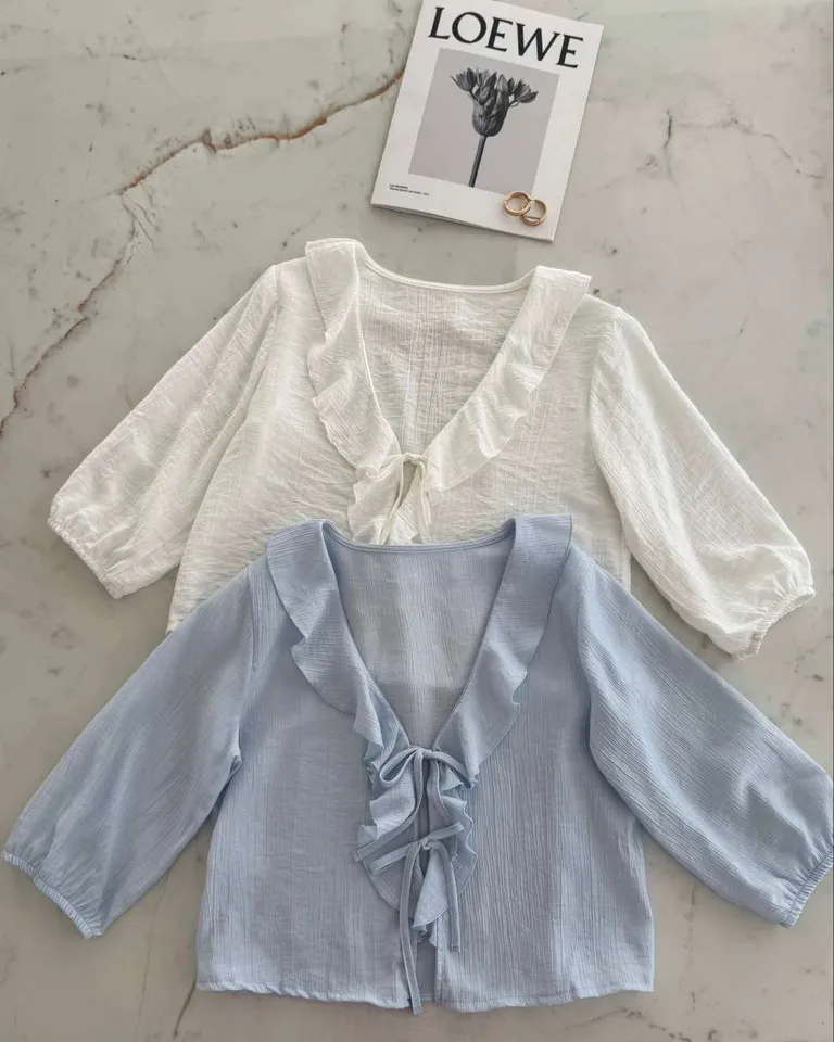 Blusa de seda bambula con volados y lazos en las mangas para mujer de Hesed en Blusas para argentina