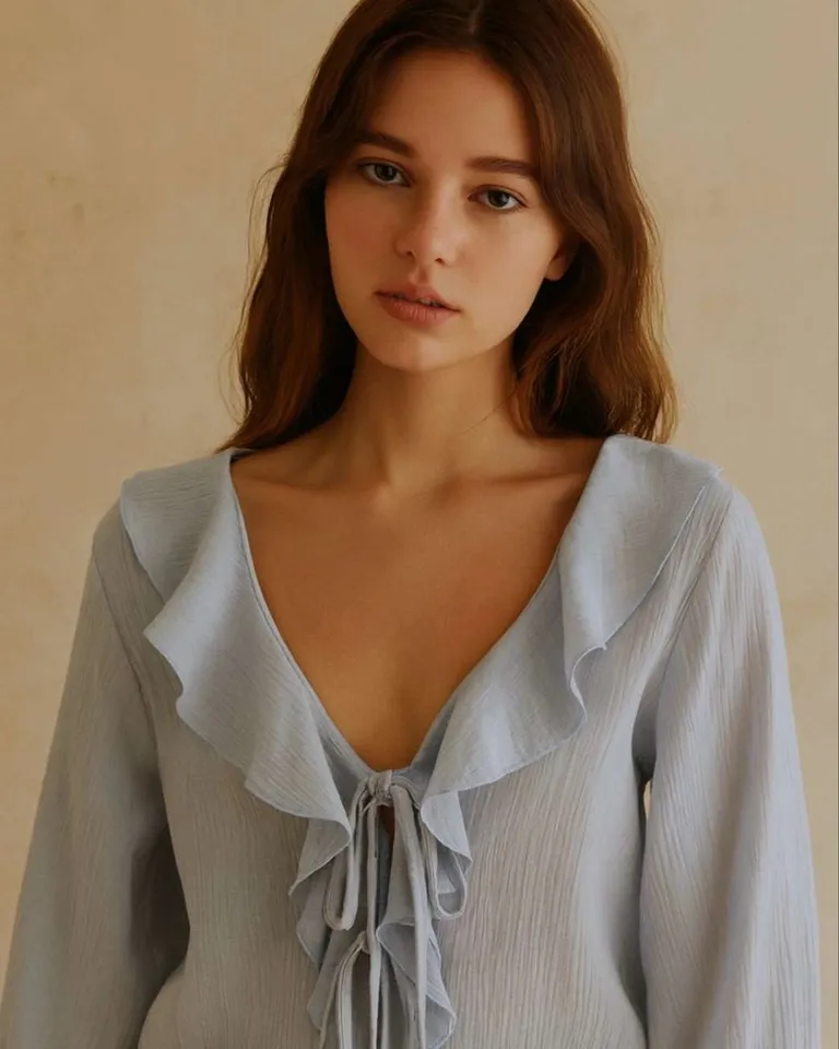 Blusa de seda bambula con volados y lazos en las mangas para mujer de Hesed en Blusas para argentina