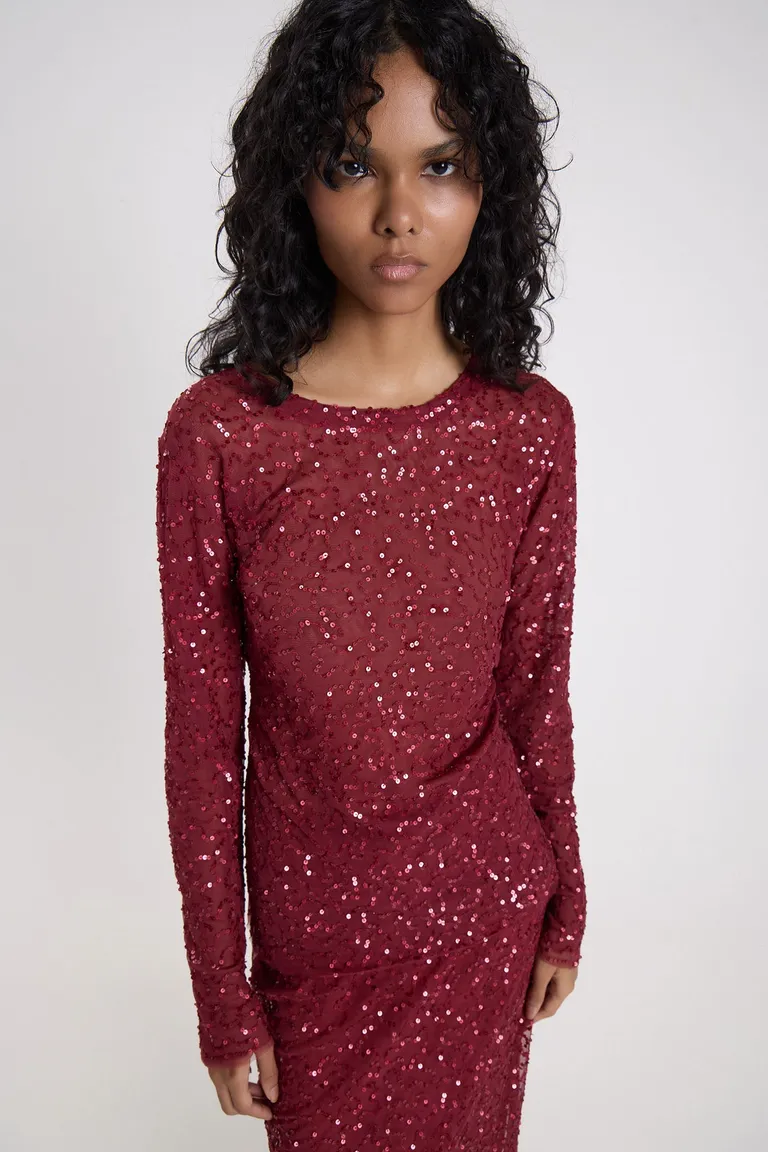 Top de tul manga larga con detalle de lentejuelas bordadas y calce al cuerpo de Maria Cher en Tops para argentina