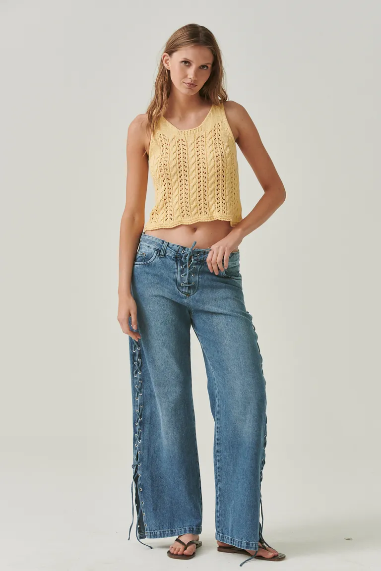 Pantalón de pierna ancha con cordones entrelazados en denim azul de Sweet en Pantalones para argentina