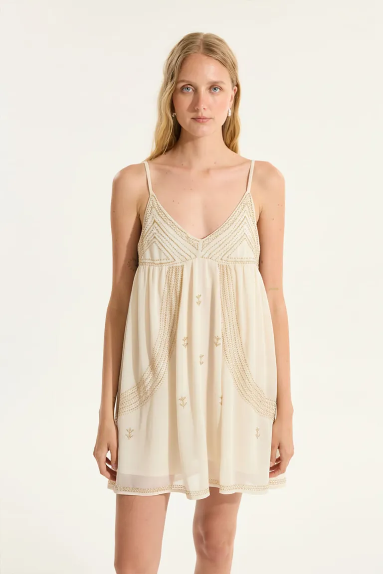 Vestido de gasa bordado con canutillos, escote en V y tirantes ajustables de Portsaid en Vestidos para argentina