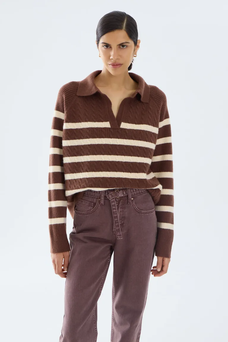 Sweater tejido con cuello polo y diseño de rayas horizontales de manga larga de Portsaid en Buzos y Sweaters para argentina