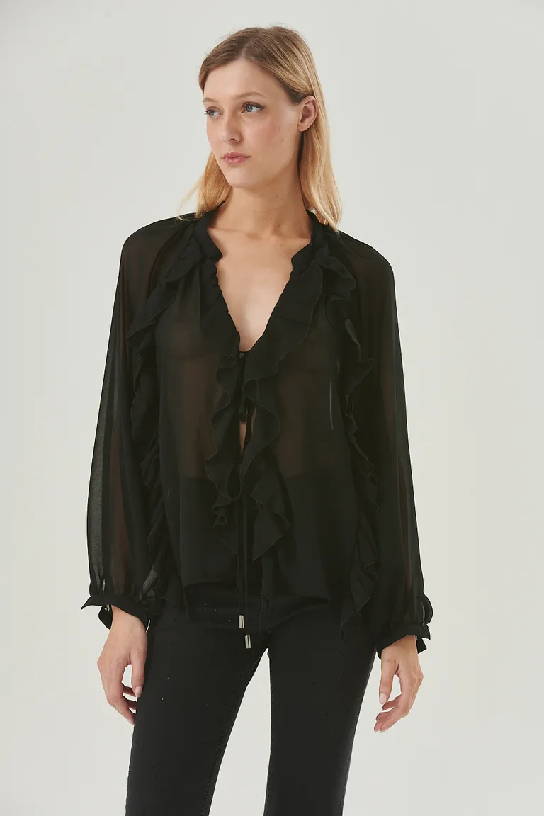 Blusa de gasa negra con volantes y lazo regulable en el delantero de Sweet en Blusas para argentina