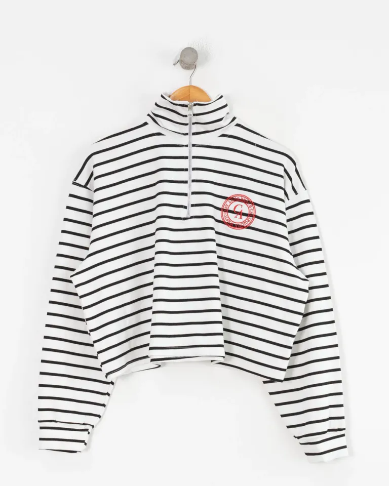 Buzo rayado en blanco y negro con cierre y cuello ribeteado - Prenda de vestir femenina casual y cómoda de Sky en Buzos y Sweaters para argentina