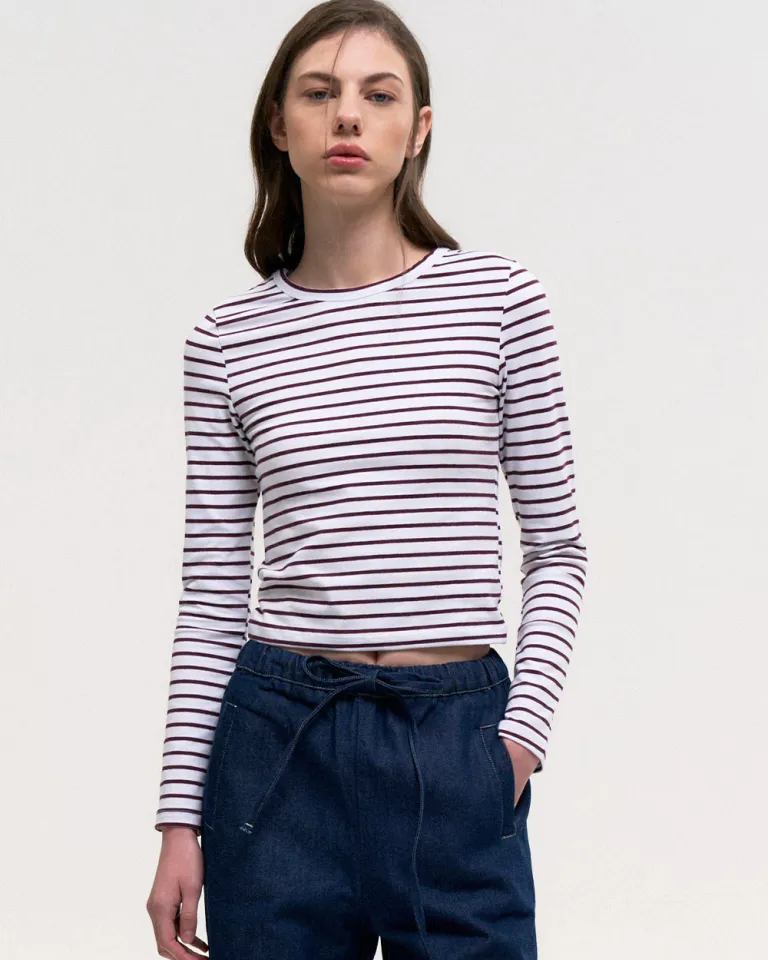 Remera básica de rayas blancas y burdeos para mujer de Sky en Remeras para argentina