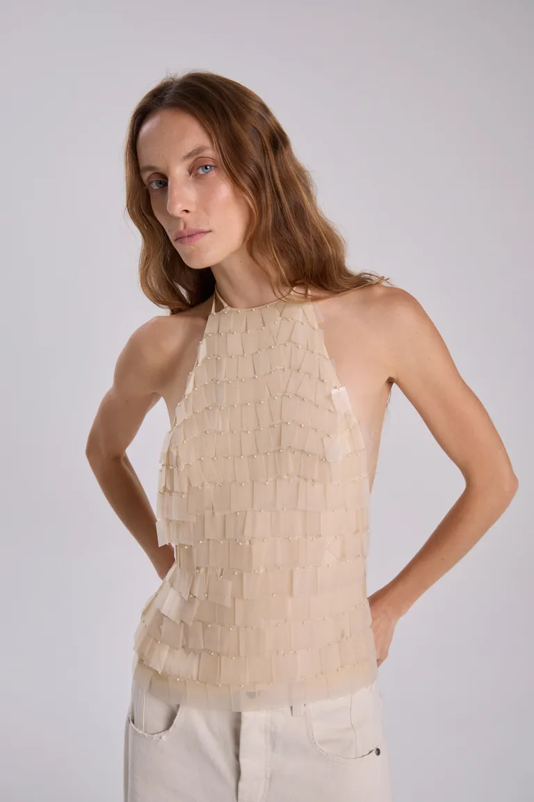 Top blanco de viscosa con bordado a mano de Maria Cher en Tops para argentina