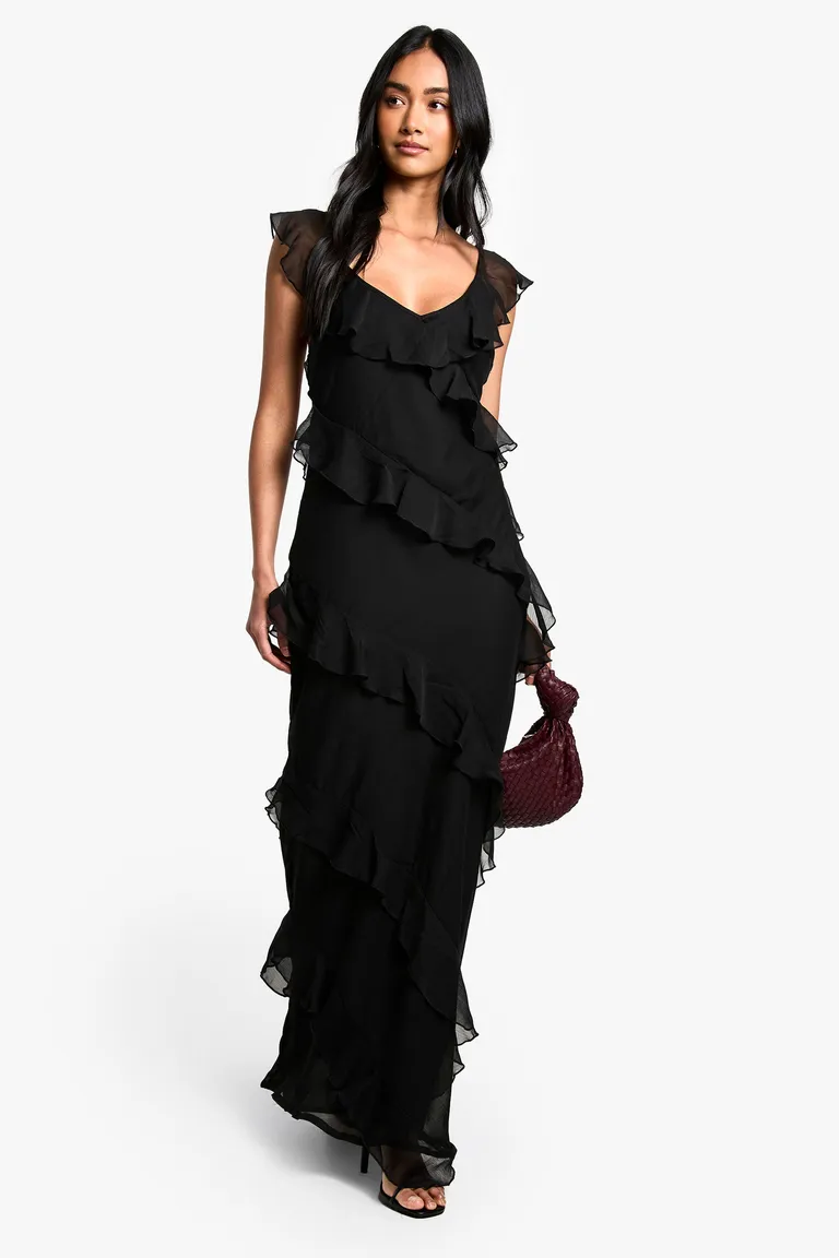Maxi Vestido Chifón Tirantes de Boohoo Vestidos Black BKSTG