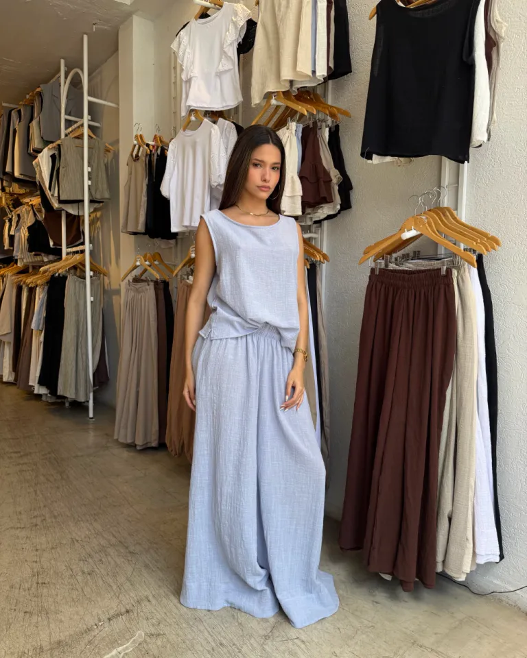 Pantalón palazzo de bambula, corte ancho y elástico en cintura de Belle en Pantalones para argentina