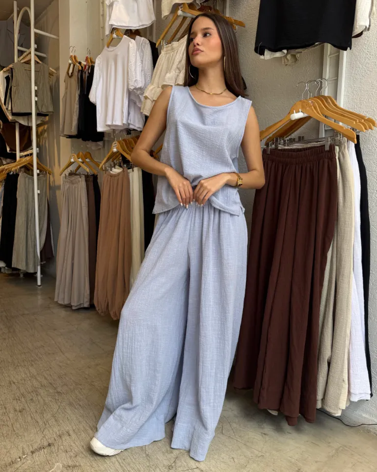 Pantalón palazzo de bambula, corte ancho y elástico en cintura de Belle en Pantalones para argentina