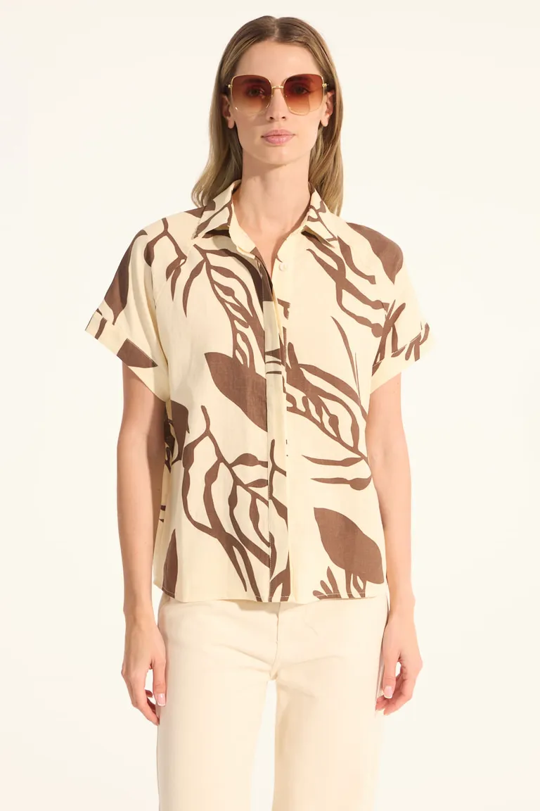 Camisa de lino con estampado de hojas, corte recto y manga corta de Portsaid en Camisas para argentina