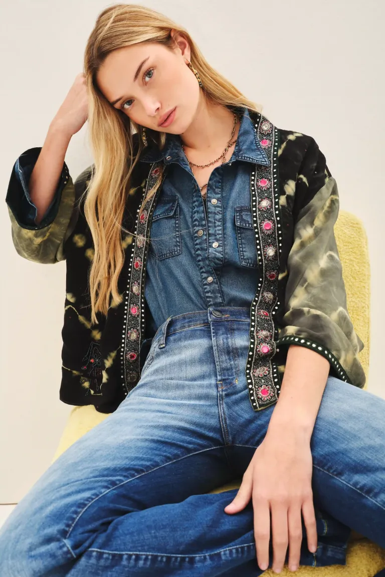 Camisa manga corta con bordados y diseño tie-dye en viscosa de Rapsodia en Kimonos para argentina