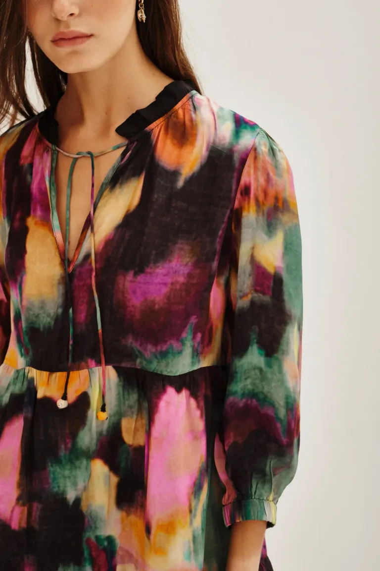 Vestido corto con escote en v lazo de ajuste y mangas largas con puños elásticos de Rapsodia en Vestidos para argentina