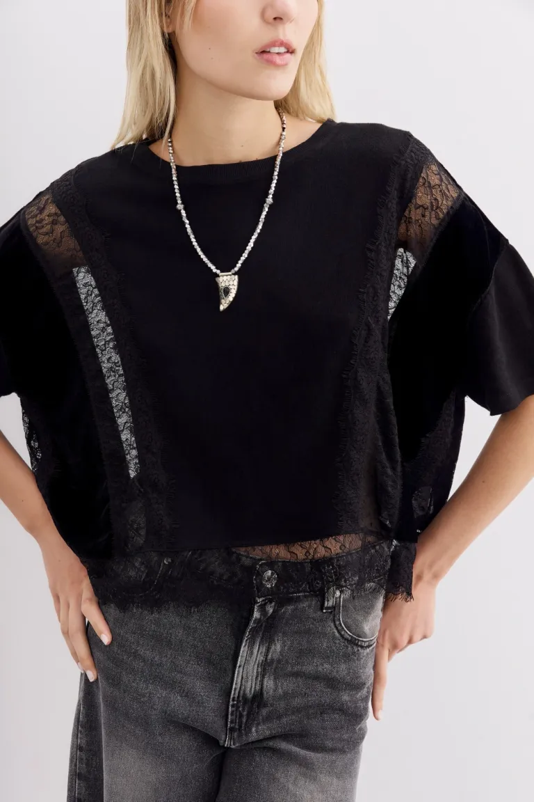 Remera ancha de algodón con detalles de encaje en negro de Rapsodia en Remeras para argentina