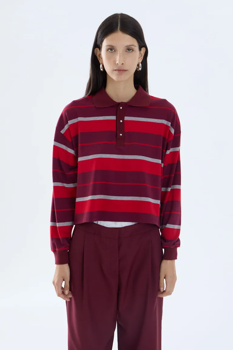 Remera de mujer con cuello polo y mangas largas con diseño de rayas horizontales de Portsaid en Remeras para argentina