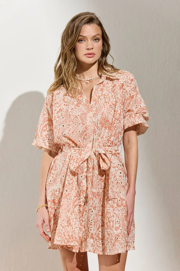 Túnica de estilo camisero en broderie de algodón estampado con ajuste a la cintura de Indiastyle en Túnicas para argentina