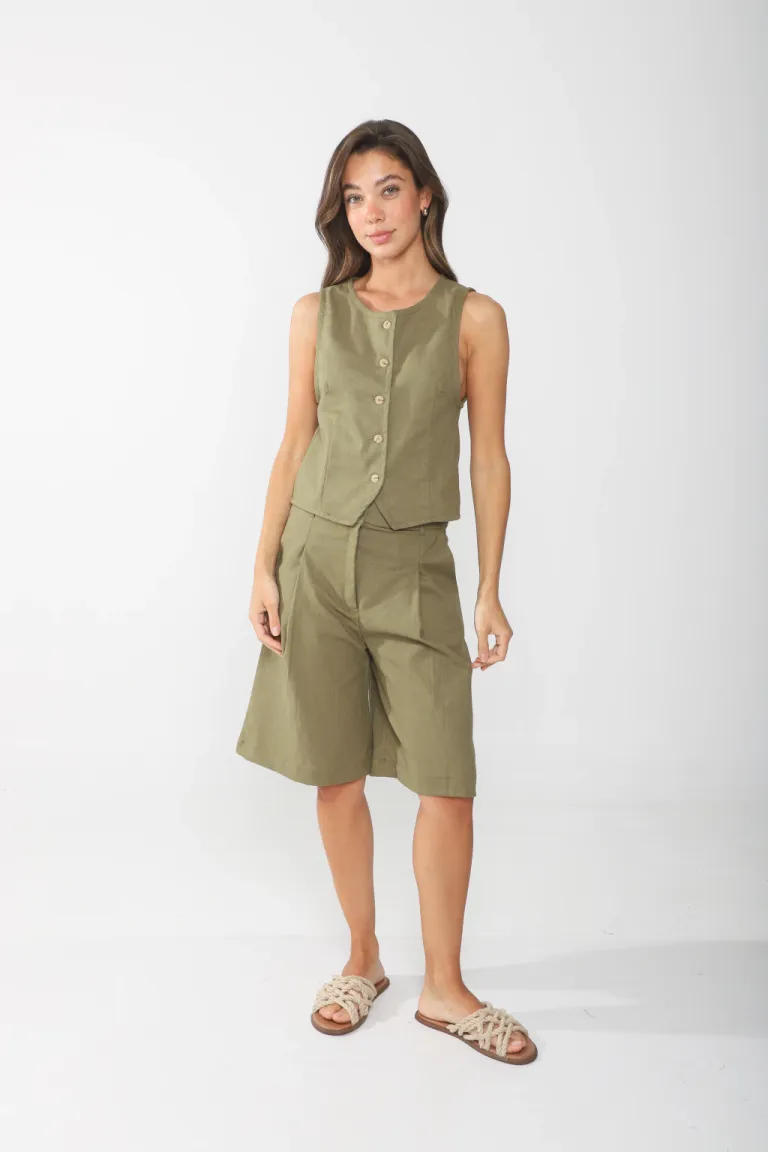 Bermuda de lino de tiro alto con bolsillos laterales para mujeres de Belle en Pantalones para argentina