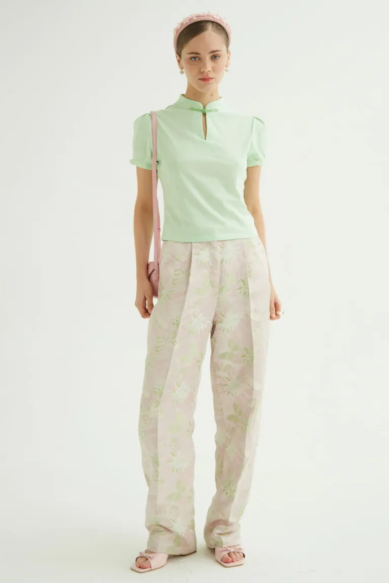 Pantalón de tiro alto con estampado floral jacquard en tonos rosas y verdes de Las Pepas en Pantalones para argentina