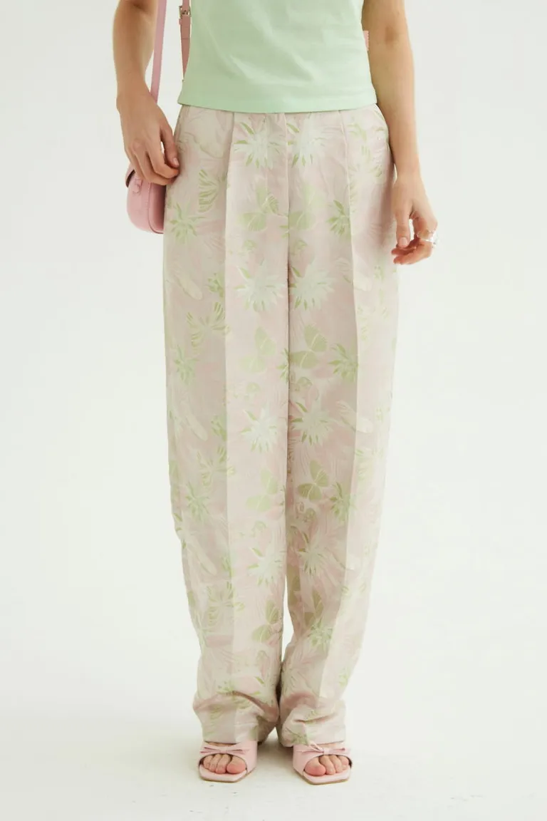 Pantalón de tiro alto con estampado floral jacquard en tonos rosas y verdes de Las Pepas en Pantalones para argentina