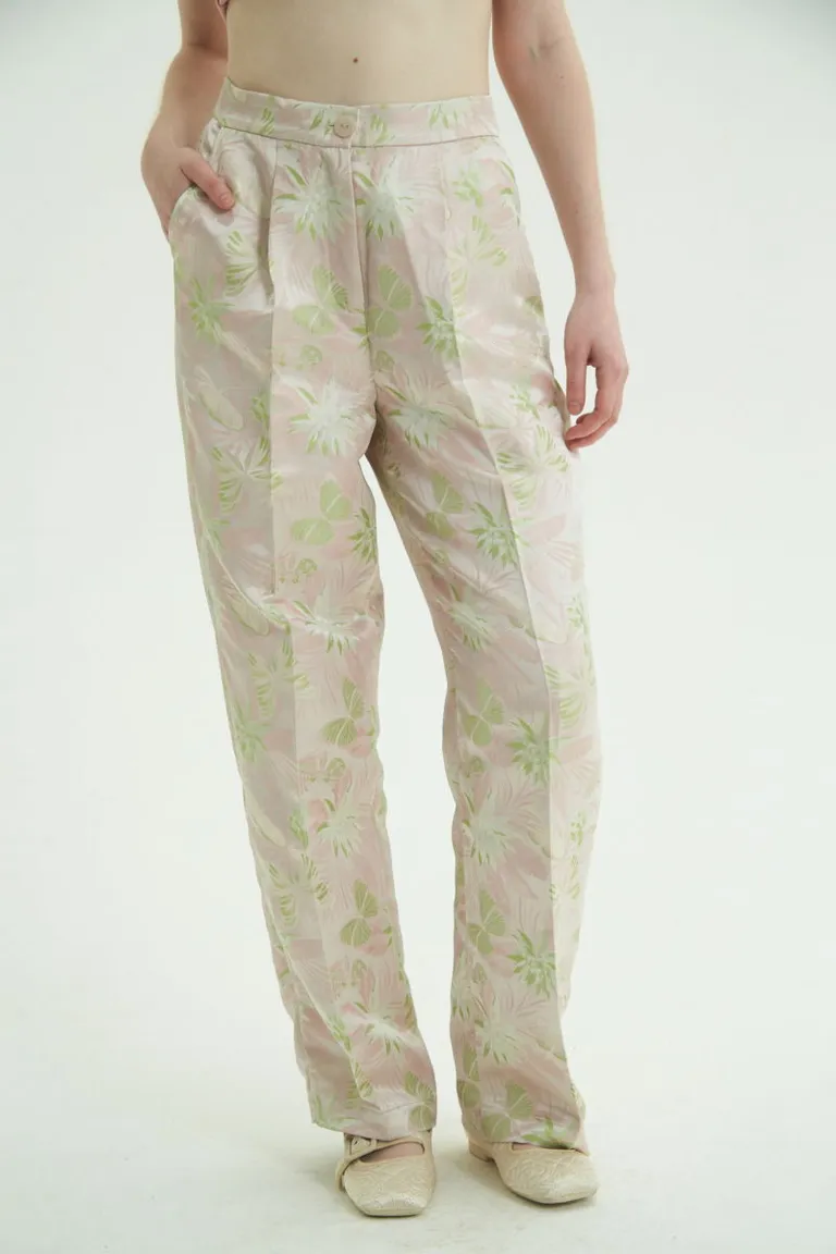 Pantalón de tiro alto con estampado floral jacquard en tonos rosas y verdes de Las Pepas en Pantalones para argentina