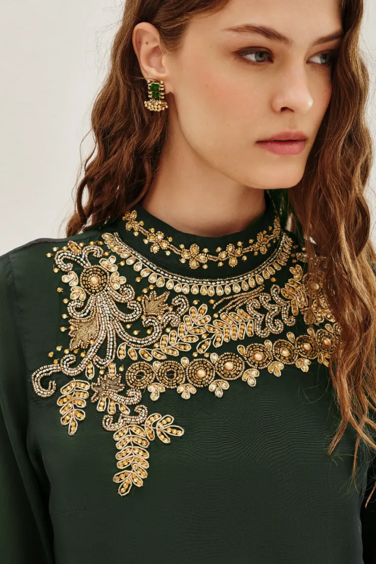 Blusa manga larga con cuello alto y bordado artesanal en el pecho de Rapsodia en Blusas para argentina