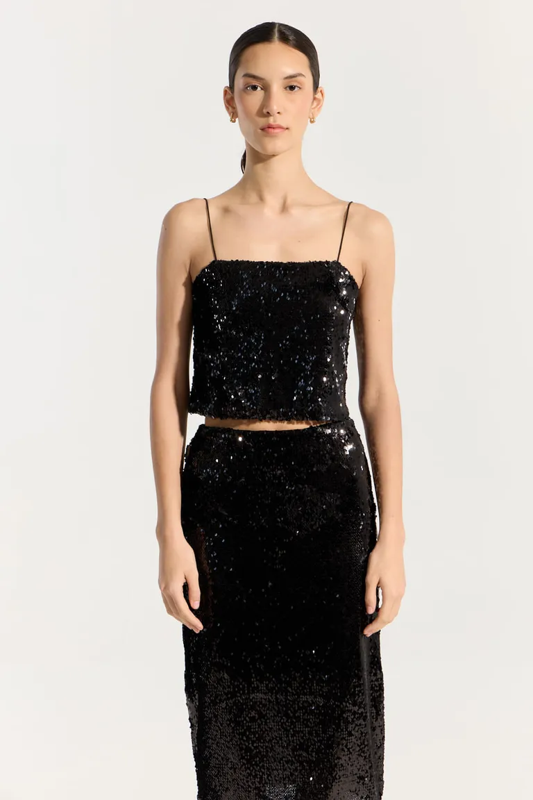 Top de lentejuelas negro con escote recto y tirantes finos de Portsaid en Tops para argentina