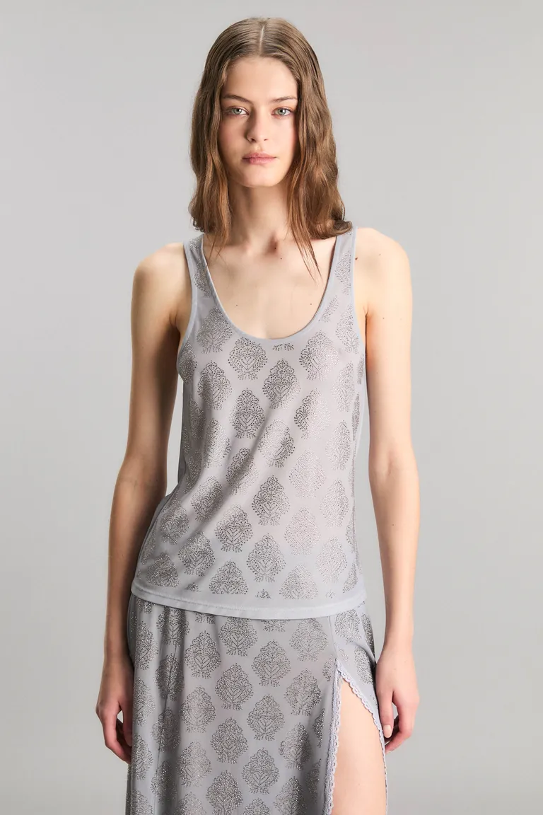 Musculosa Toulouse de diseño único y traslúcido en color gris plata de Kosiuko en Tops para argentina