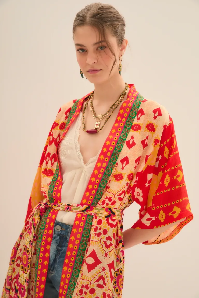 Kimono estampado de viscosa con ajuste en la cintura y mangas amplias de Rapsodia en Kimonos para argentina