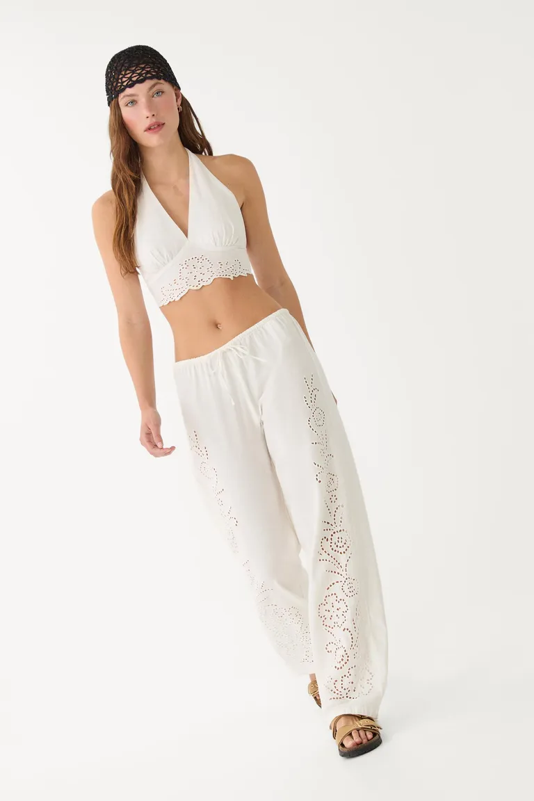Pantalón fluido bordado con lino de Stradivarius en Pantalones para argentina