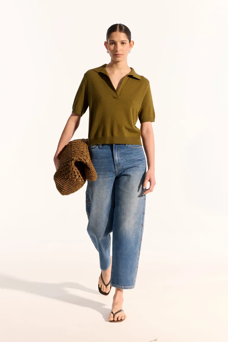 Sweater de manga corta con cuello polo en tono verde oliva para mujer de Portsaid en Buzos y Sweaters para argentina