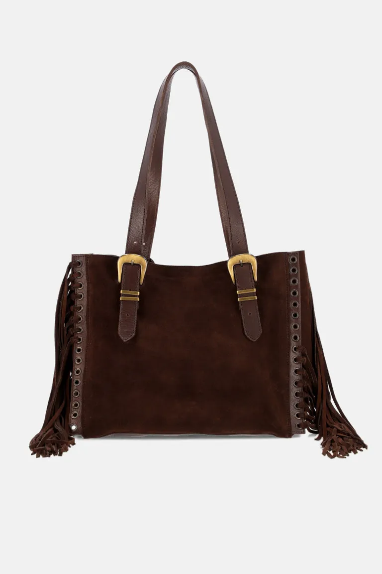 Cartera de mano estilo boho con flecos laterales, ojalillos metálicos y manijas con hebillas ajustables de Justaosadia en Bolsos y Carteras para argentina