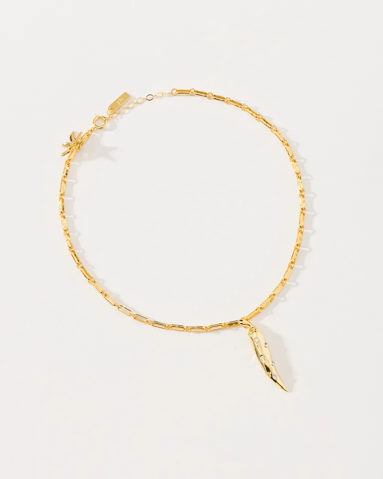 Collar regulable de metal dorado con dije colgante de sweet pepper con strass de Jazmin Chebar en Bijouterie para argentina