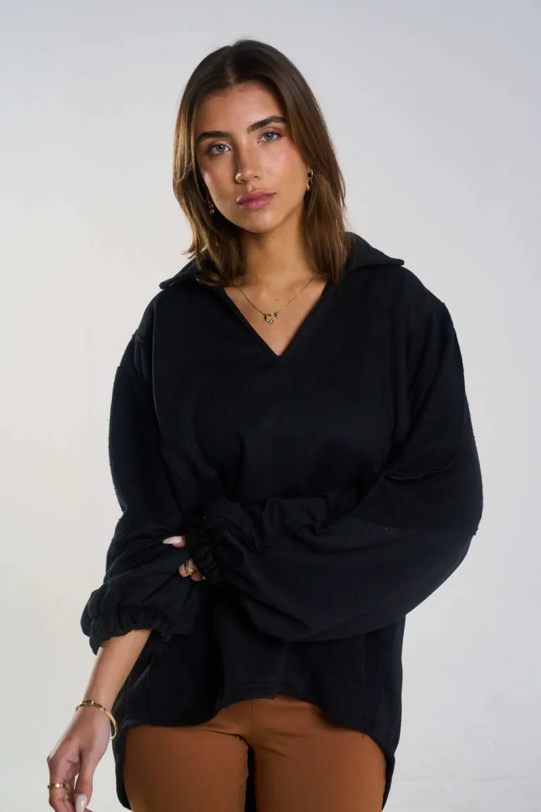 Buzo negro rústico de corte chomba para mujer de Belle en Buzos y Sweaters para argentina