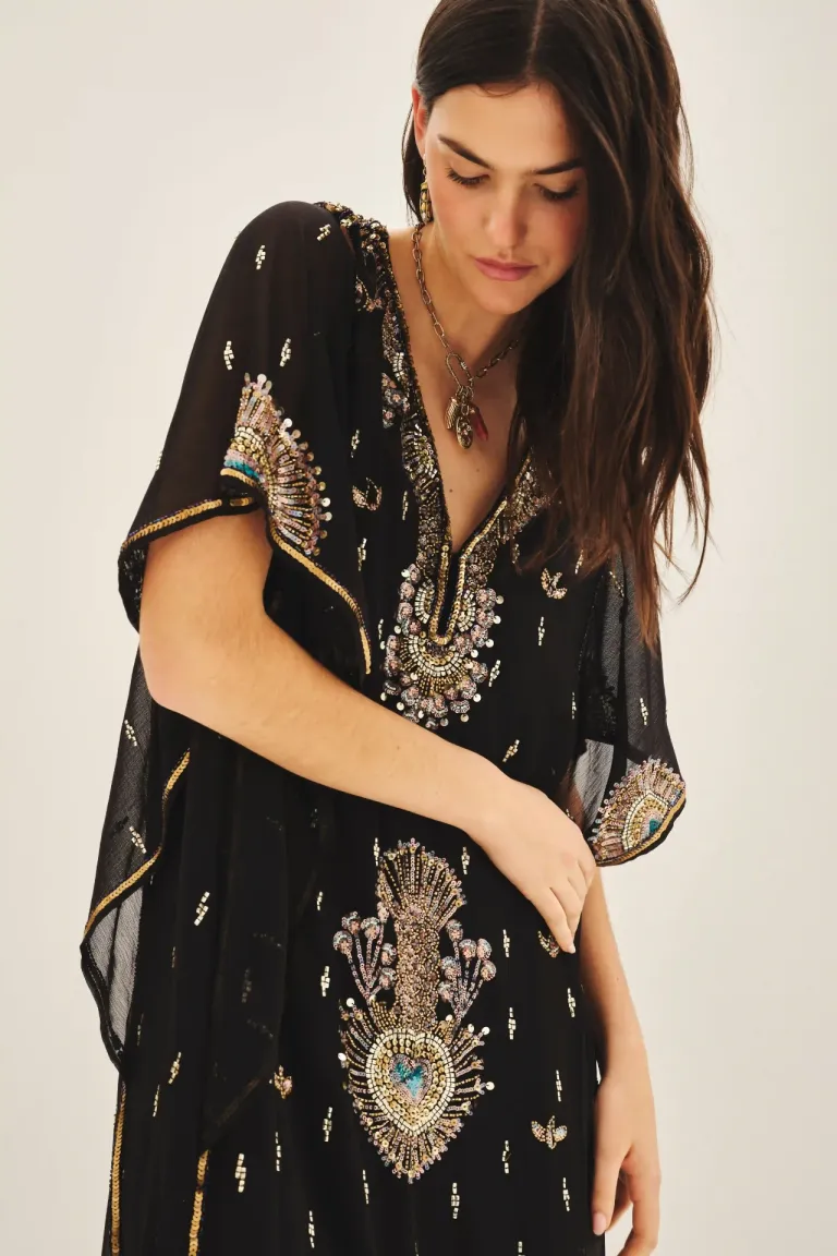 Vestido largo con escote en V y mangas amplias en estampado con detalles brillantes de Rapsodia en Vestidos para argentina