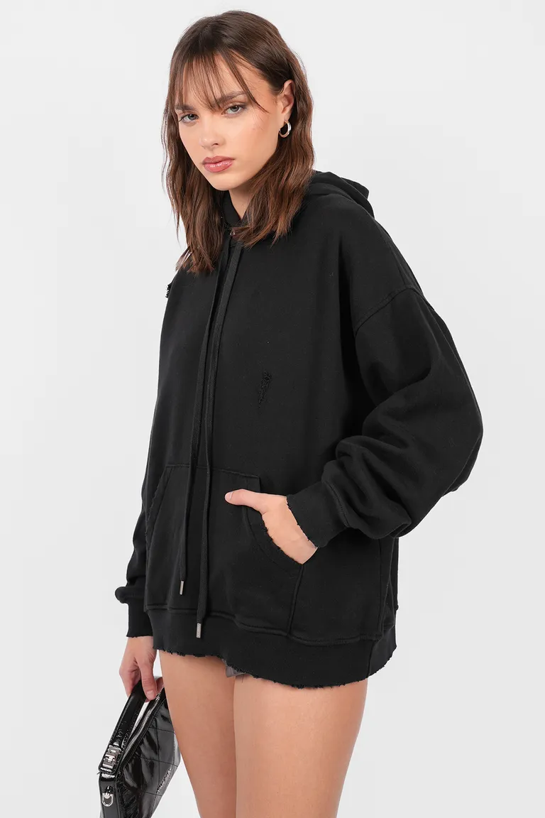 Buzo de frisa negro oversize con capucha y detalles rotos para mujer de Top White en Buzos y Sweaters para argentina