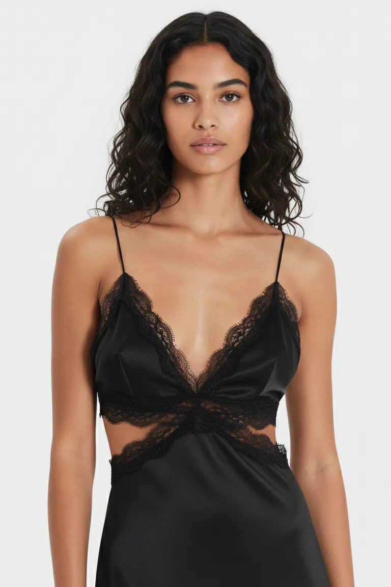 Vestido de satén negro con escote profundo y detalles de puntilla de Sweet en Vestidos para argentina