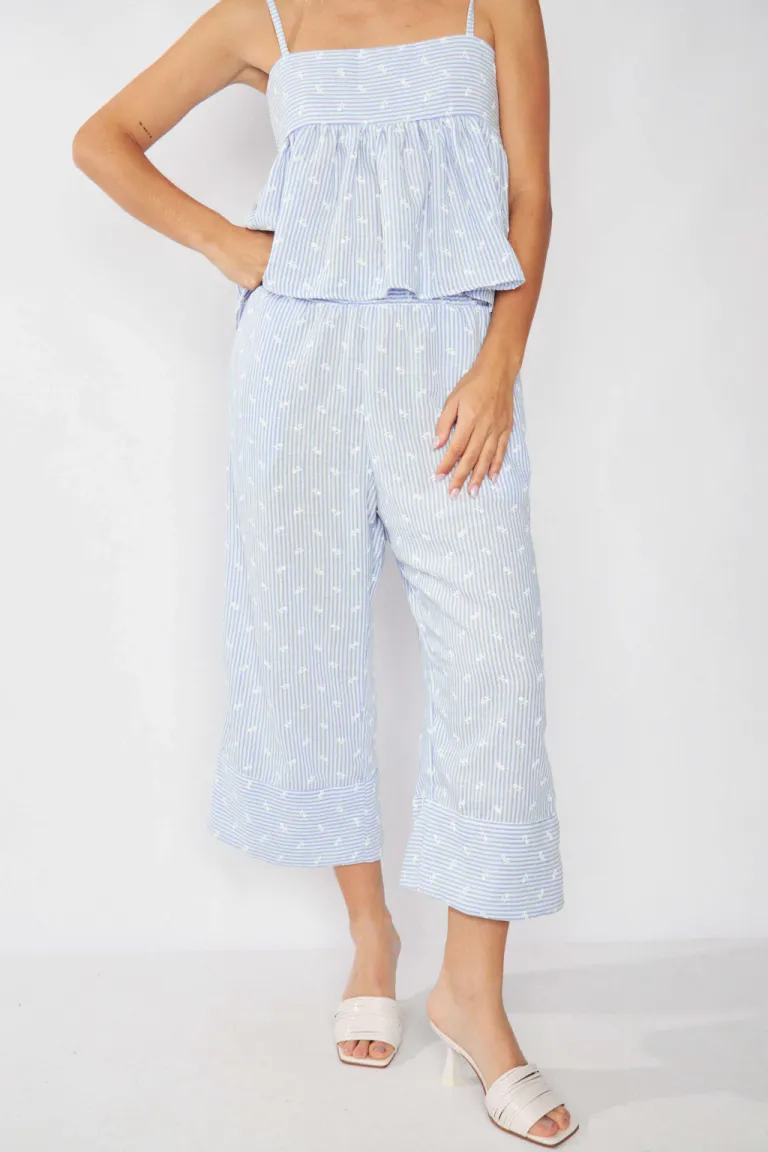 Pantalón capri de lino rayado bordado para mujer - Prenda cómoda y elegante para el verano de Belle en Pantalones para argentina