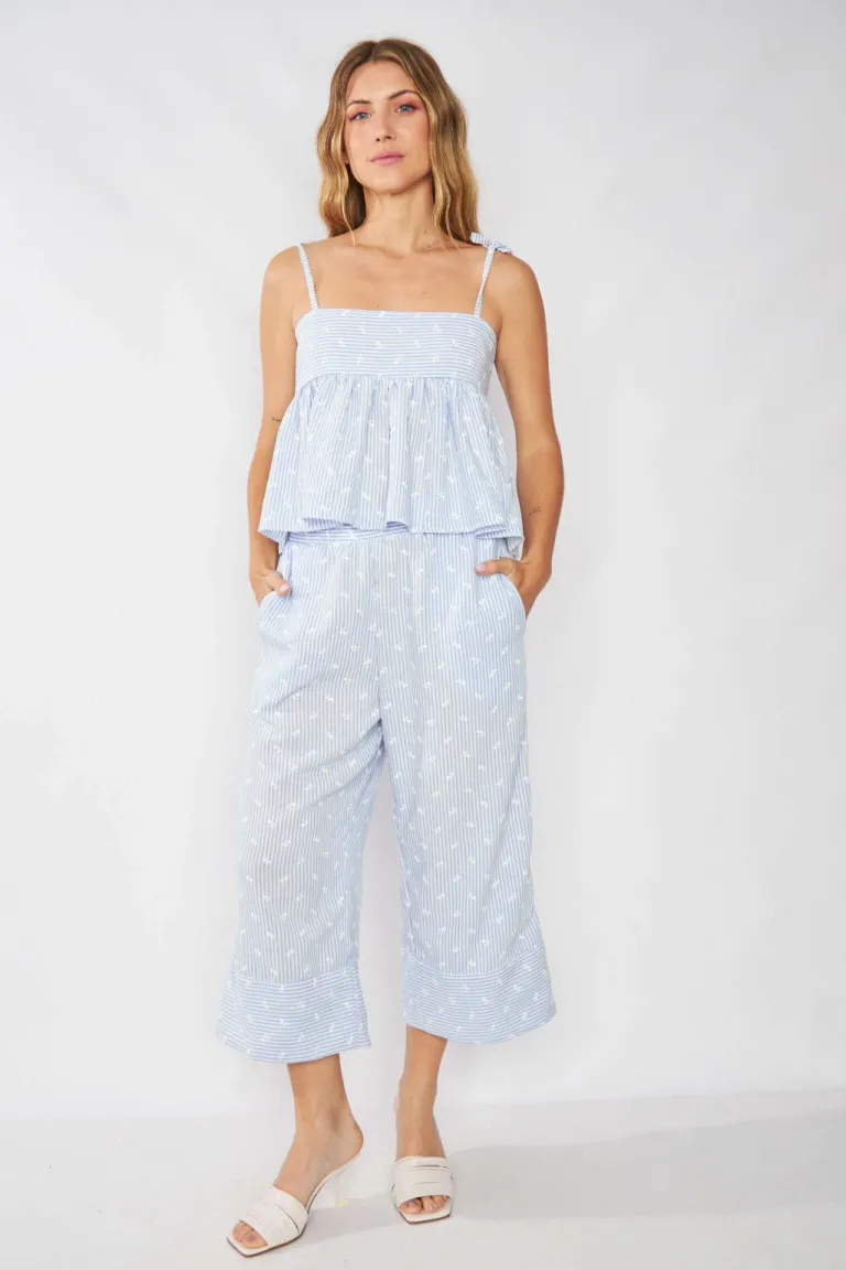 Pantalón capri de lino rayado bordado para mujer - Prenda cómoda y elegante para el verano de Belle en Pantalones para argentina
