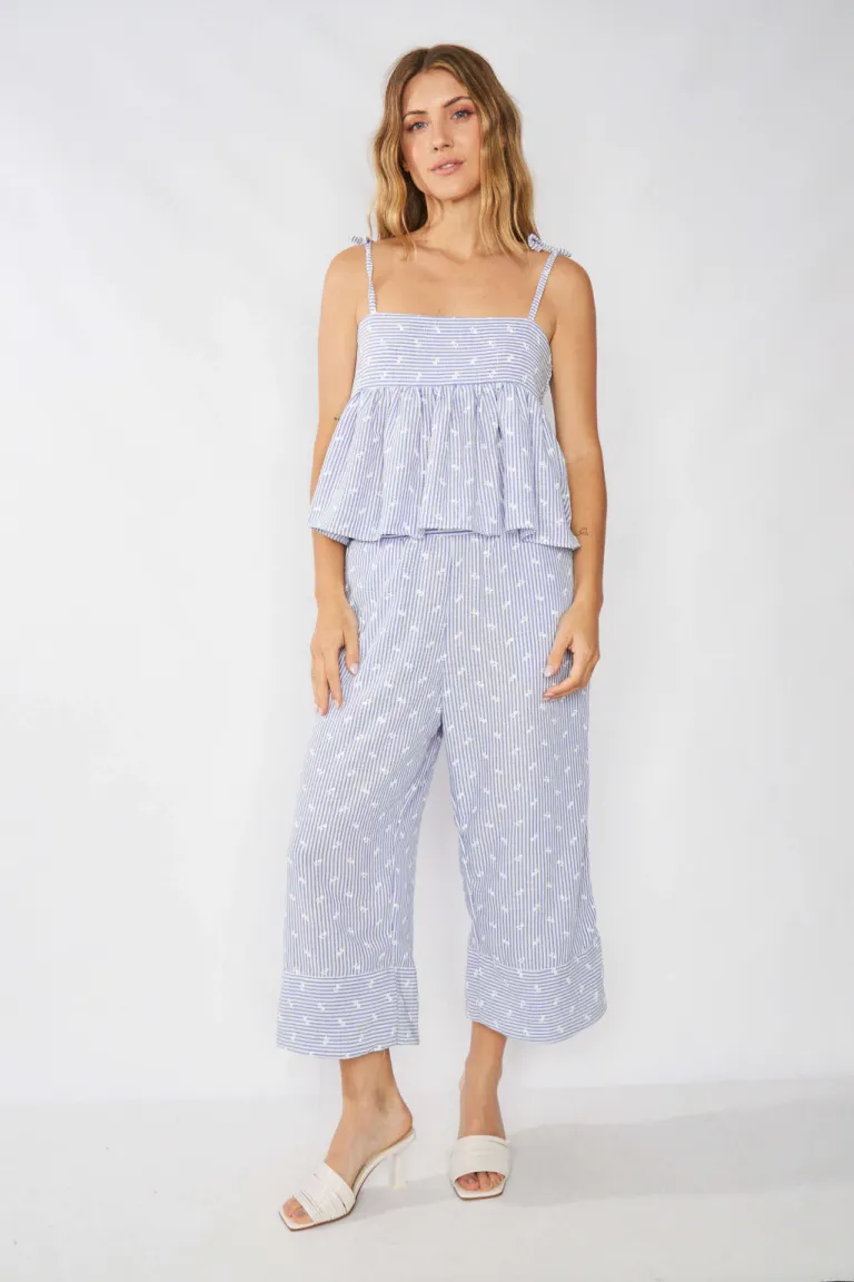 Pantalón capri de lino rayado bordado para mujer - Prenda cómoda y elegante para el verano de Belle en Pantalones para argentina