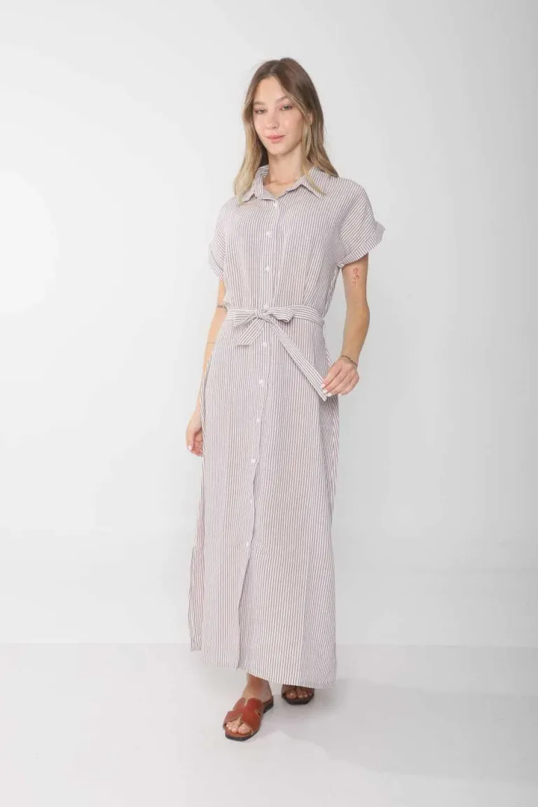 Vestido camisero de lino rayado con mangas cortas y cinturón ajustable de Belle en Vestidos para argentina