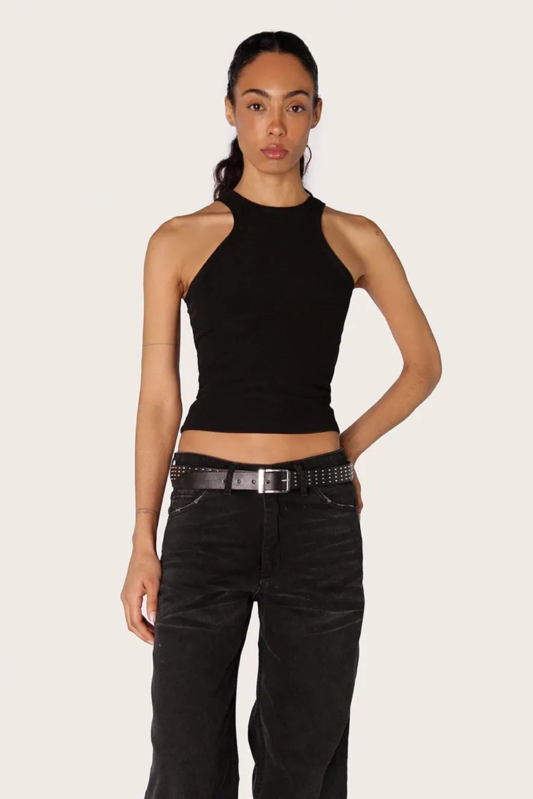 Top negro sin mangas de cuello alto y amplia sisa, diseño elástico y adaptable de Sofia Sarkany en Tops para argentina