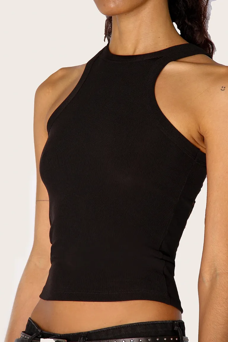 Top negro sin mangas de cuello alto y amplia sisa, diseño elástico y adaptable de Sofia Sarkany en Tops para argentina