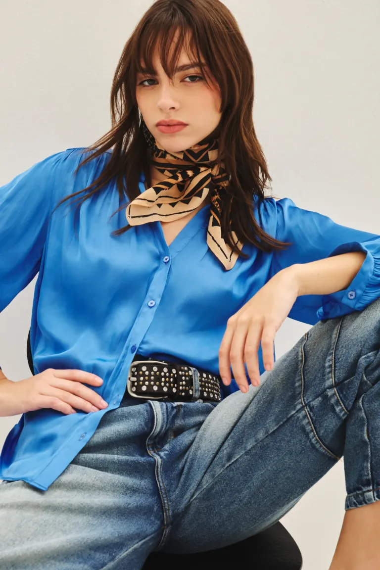 Camisa de manga larga con cuello mao y detalles de frunces de Rapsodia en Camisas para argentina