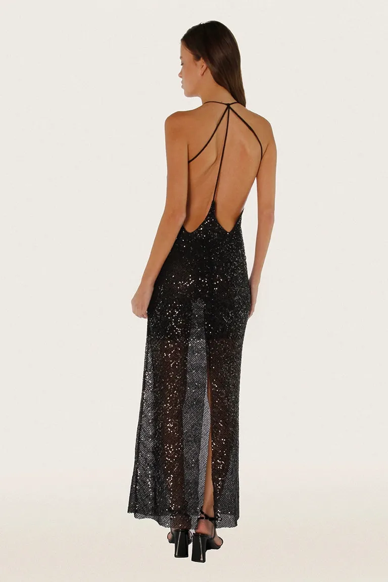 Vestido largo de lentejuelas negro con espalda descubierta y escote cuadrado de Sofia Sarkany en Vestidos para argentina